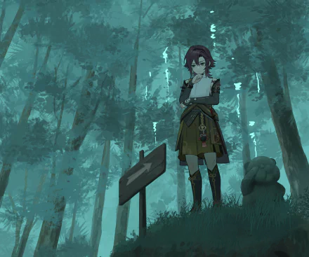 HD PC desktop wallpaper featuring Shikanoin Heizou from the video game Genshin Impact, standing thoughtfully in a misty forest setting.