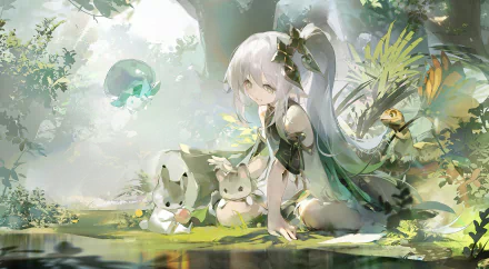 4K Ultra HD Genshin Impact wallpaper featuring Nahida surrounded by glowing forest creatures and lush greenery, capturing a serene video game moment.