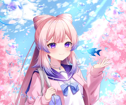 HD PC desktop wallpaper featuring Sangonomiya Kokomi from the video game Genshin Impact, surrounded by cherry blossoms and a blue butterfly.