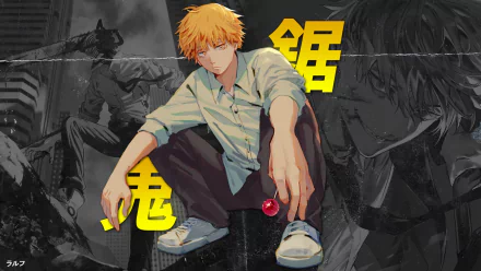 HD PC desktop wallpaper featuring Denji from the anime Chainsaw Man, showcasing him in casual attire with bold yellow Japanese text in the background.