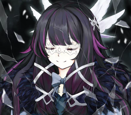 Columbina from the video game Genshin Impact — close-up masked portrait with dark purple hair and magenta streaks, ornate outfit and feathered cloak against a shattered black background. 2K Quad HD PC wallpaper.