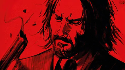 HD PC desktop wallpaper featuring a stylized red and black illustration of John Wick from the movie John Wick: Chapter 4.