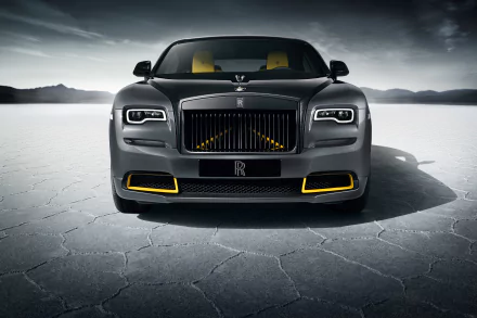 Front view of a Rolls-Royce Wraith vehicle captured in 4K Ultra HD as a PC desktop wallpaper, set against a cracked, desolate landscape under a cloudy sky.