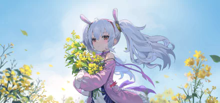 Laffey (Azur Lane) anime girl with bunny ears and silver twin‑tails holding a bouquet in a sunlit flower field — 2K Quad HD PC desktop wallpaper/background, Azur Lane