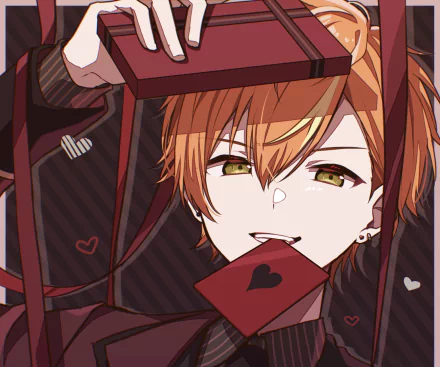 Close-up of Shinonome Akito from Project Sekai: Colorful Stage! feat. Hatsune Miku — orange-haired, smirking, holding a red heart card between his teeth; HD PC desktop wallpaper.