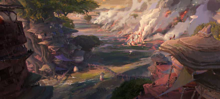 A vibrant fantasy landscape with towering trees, glowing huts, and distant volcanic eruptions, captured in stunning HD quality for a PC desktop wallpaper.