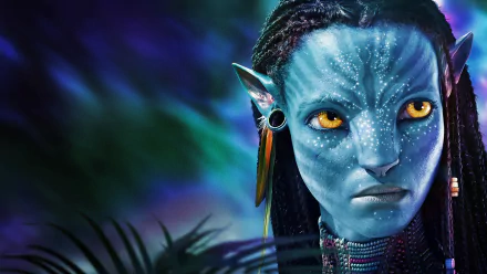 Close-up of a Na’vi character from the movie Avatar: The Way of Water, presented as a vibrant 4K Ultra HD PC desktop wallpaper and background.