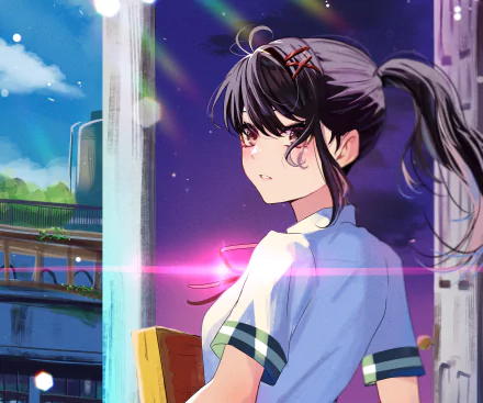 2K Quad HD PC desktop wallpaper/background of Suzume Iwato from Suzume no Tojimari — anime portrait in a school uniform against a neon-lit city backdrop