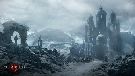 Diablo IV video game 2K Quad HD PC desktop wallpaper and background: snowbound ruined citadel and arches under a stormy sky, tiny figures approaching a foreboding gate.