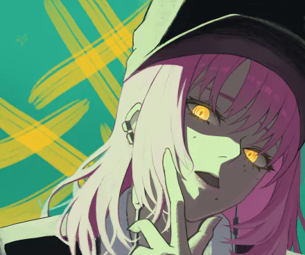 HD PC desktop wallpaper featuring Fami from Chainsaw Man with vibrant colors and striking yellow eyes in an anime-style illustration.