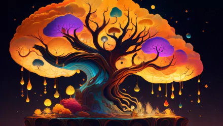 Vibrant AI art of a fantastical tree with glowing orange and purple foliage, set against a dark background, designed as an HD PC desktop wallpaper and background.