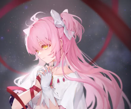 HD PC desktop wallpaper: Madoka Kaname from the anime Puella Magi Madoka Magica, pink-haired magical girl with golden eyes and flowing ribbons against a starry, soft-focus background.