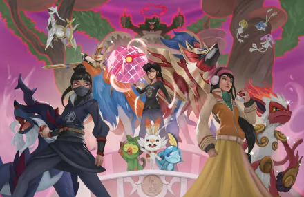 4K Ultra HD PC desktop wallpaper featuring characters and Pokémon from a video game, set against a vibrant, dynamic background with a fantasy theme.