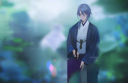 Kamisato Ayato from Genshin Impact in flowing blue-and-white robes, standing against a soft green-blue bokeh background — 2K Quad HD PC desktop wallpaper.