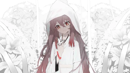 Hu Tao from Genshin Impact in a white hooded outfit with a serene expression, set against a delicate floral background, captured in stunning 8K Ultra HD quality.
