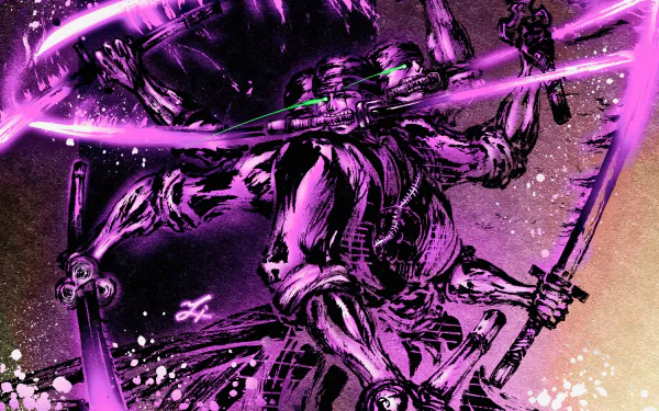 HD PC desktop wallpaper of Roronoa Zoro from One Piece, featuring dynamic purple energy effects and intense action pose in vivid anime style.