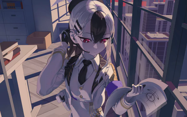 Onikata Kayoko (Blue Archive video game) 4K PC wallpaper: two-tone-haired schoolgirl with red eyes in uniform holding a paper in a sunlit stairwell, city skyline visible through the windows.