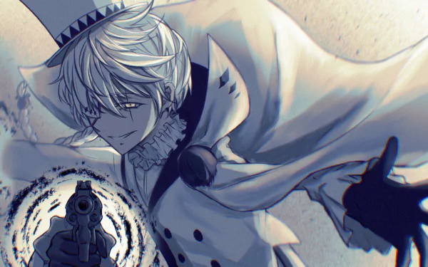 HD anime wallpaper of Nikolai Gogol from Bungou Stray Dogs, featuring him with a confident expression, holding a gun with dynamic shading and a swirling effect.