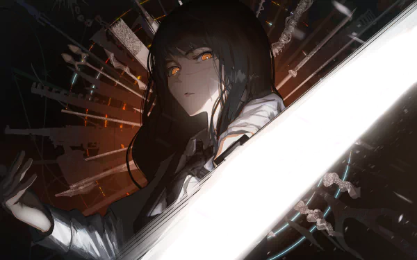 HD PC desktop wallpaper of Asa Mitaka from the anime Chainsaw Man, featuring her intense gaze and glowing orange eyes against a dark, dynamic background.