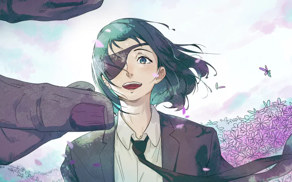 Himeno (Chainsaw Man) smiling with an eye patch, windblown hair and suit among purple flowers — Anime 4K Ultra HD PC desktop wallpaper/background.