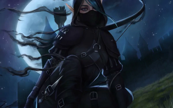 HD PC desktop wallpaper: moonlit fantasy scene of a masked elf archer in dark leather armor crouching on a hill, bow and quiver ready, castle silhouette under a glowing full moon.