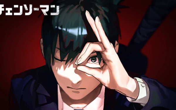 Aki Hayakawa from Chainsaw Man anime, depicted in a 4K Ultra HD PC desktop wallpaper with a dramatic red background and intense expression.