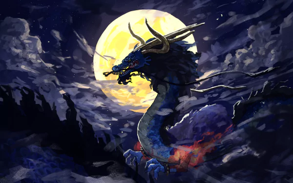 A striking HD PC desktop wallpaper featuring Kaido from One Piece, showcasing a fierce dragon against a dramatic moonlit sky, surrounded by swirling clouds.