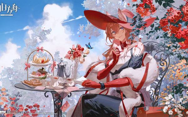 HD PC wallpaper of Heidi (Arknights), video game art: she sits at a floral tea table in a red hat and coat, surrounded by blossoms and butterflies beneath a bright blue sky.