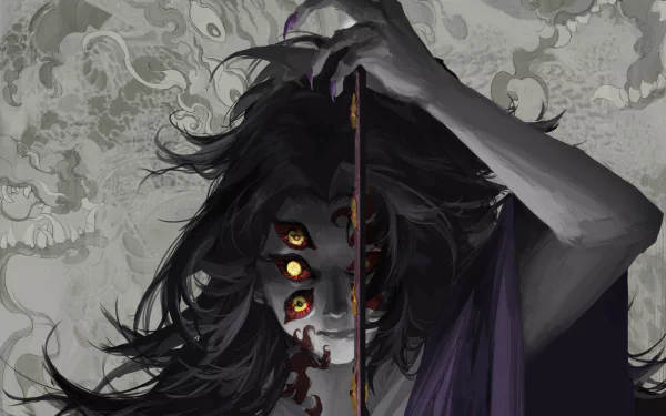 HD PC desktop wallpaper featuring Kokushibo from the anime Demon Slayer: Kimetsu no Yaiba, showcasing his intense multi-eyed gaze and dark, flowing hair.