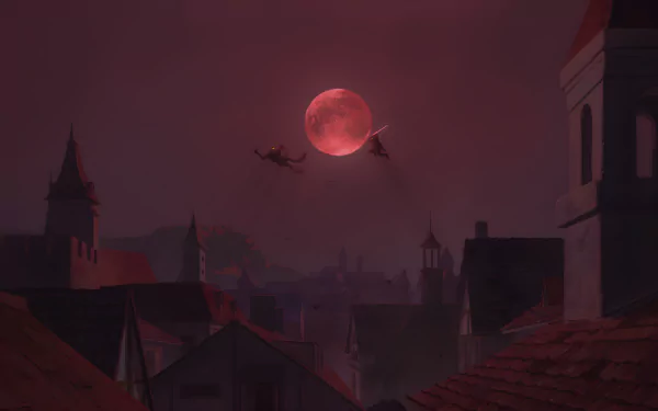 8K Ultra HD wallpaper from the movie The Witcher: Nightmare of the Wolf, featuring a dark, eerie cityscape under a large red moon with two flying figures.