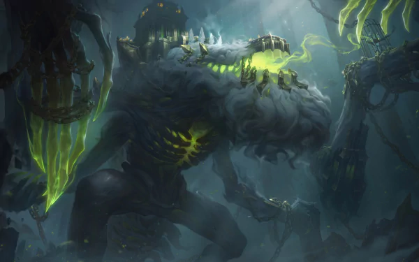 Cho'gath from League of Legends emerges ominously in a dark, glowing cavern in this 8K Ultra HD PC desktop wallpaper and video game background.