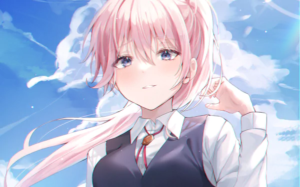 HD anime desktop wallpaper featuring Micchon Shikimori from Shikimori's Not Just a Cutie, with soft pink hair and a serene blue sky background.