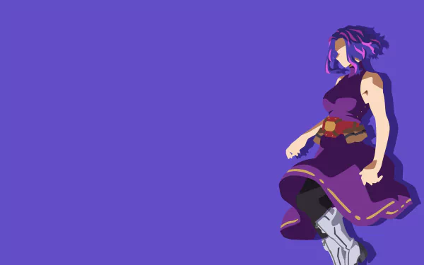 Stylized 4K Ultra HD PC desktop wallpaper of Lady Nagant (Boku No Hero Academia / My Hero Academia) — anime portrait of her in purple outfit with mechanical leg on a solid violet background.