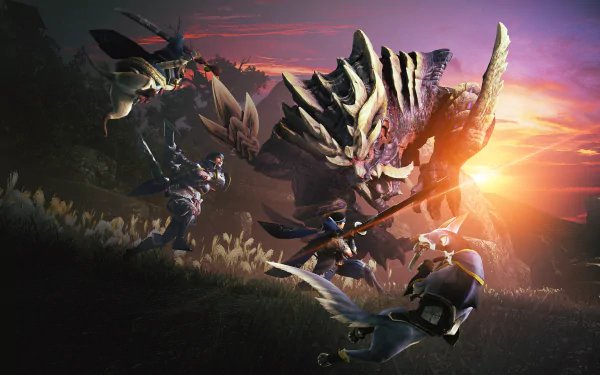 Monster Hunter Rise HD desktop wallpaper featuring hunters in combat with a large dragon-like creature at sunset.