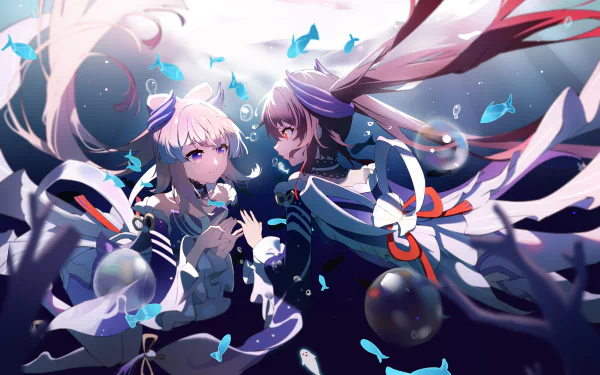 4K Ultra HD PC wallpaper featuring Sangonomiya Kokomi and Hu Tao from the video game Genshin Impact, surrounded by glowing butterflies and vibrant colors.