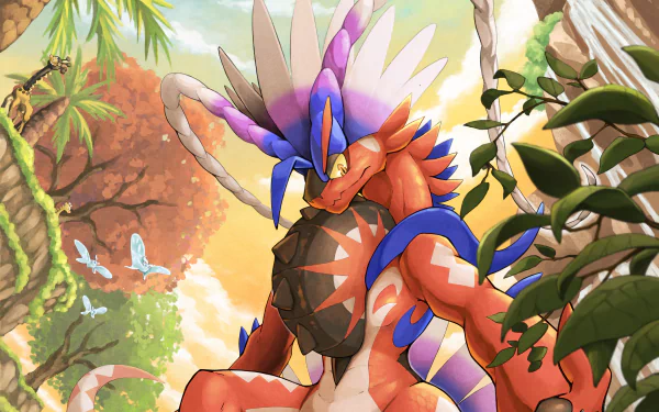 HD PC desktop wallpaper featuring Koraidon from the video game Pokémon: Scarlet and Violet, set against a vibrant, tropical forest background.