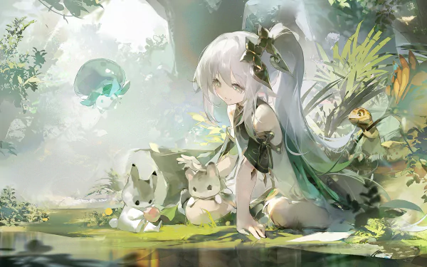 4K Ultra HD Genshin Impact wallpaper featuring Nahida surrounded by glowing forest creatures and lush greenery, capturing a serene video game moment.