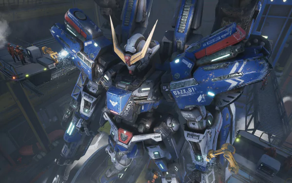 HD PC desktop wallpaper featuring a detailed anime-style Gundam mech in a futuristic hangar setting, showcasing intricate mechanical design and vibrant lighting.