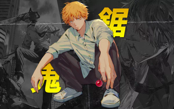 HD PC desktop wallpaper featuring Denji from the anime Chainsaw Man, showcasing him in casual attire with bold yellow Japanese text in the background.