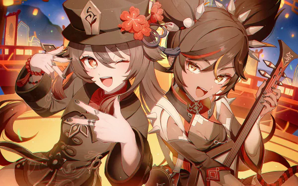 HD PC desktop wallpaper featuring Xinyan and Hu Tao from the video game Genshin Impact, set against a vibrant, fiery festival background.