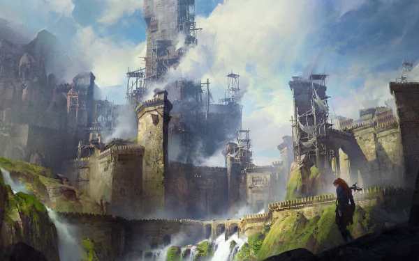 HD PC desktop wallpaper featuring a dramatic landscape from the video game Horizon Forbidden West, showcasing towering ancient ruins under a cloudy sky.