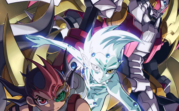 HD PC desktop wallpaper and background: Anime Yu-Gi-Oh! Zexal scene with three figures — red-goggled duelist, luminous white astral being, and an imposing armored mech on a gold-pink backdrop.