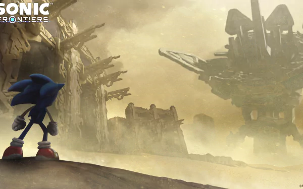 HD desktop wallpaper from Sonic Frontiers featuring Sonic the Hedgehog standing before a dramatic, ruinous landscape.