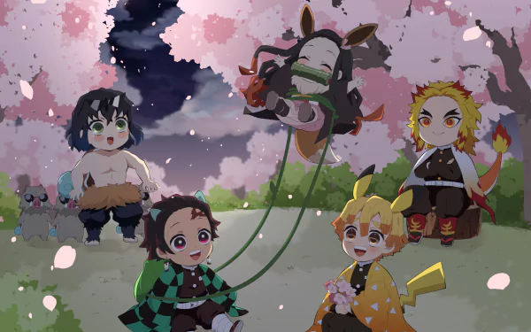 Stylish HD Demon Slayer: Kimetsu no Yaiba anime desktop wallpaper showcasing vibrant characters in action-packed scenery.