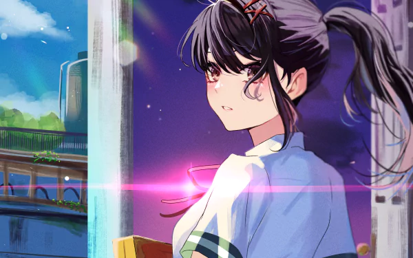 2K Quad HD PC desktop wallpaper/background of Suzume Iwato from Suzume no Tojimari — anime portrait in a school uniform against a neon-lit city backdrop