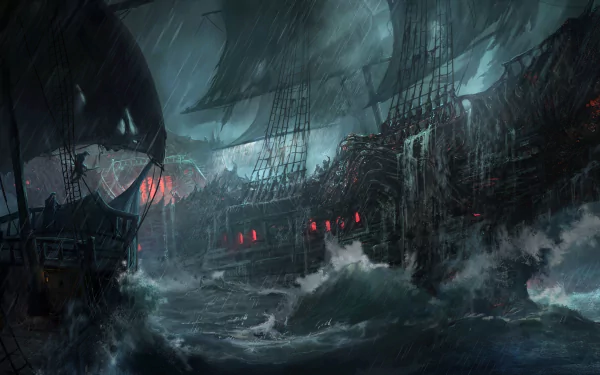 Storm-tossed galleons in a raging sea beneath dark, lightning-filled skies, hulls wrecked and red-glowing windows — Diablo Immortal 2K Quad HD PC desktop wallpaper and background.