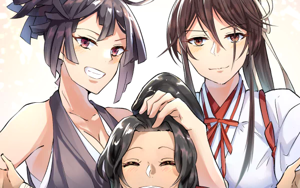 HD PC desktop wallpaper of Sagiri (Hell's Paradise) and two companions, anime trio smiling as one playfully ruffles a child's hair against a soft Hell's Paradise–style background.