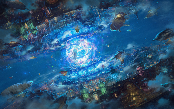 HD wallpaper of a fantasy city with glowing blue energy portal for desktop background, tagged with city.