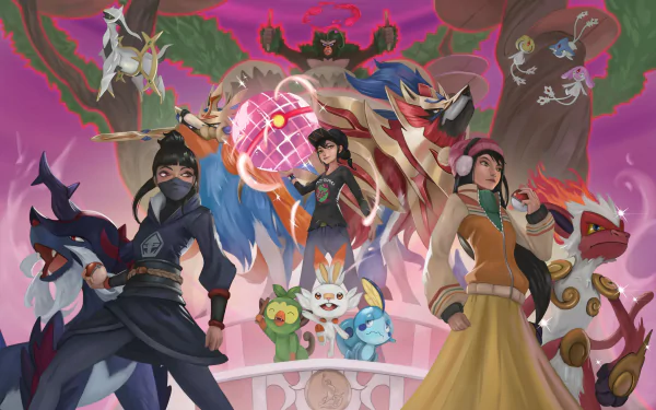 4K Ultra HD PC desktop wallpaper featuring characters and Pokémon from a video game, set against a vibrant, dynamic background with a fantasy theme.