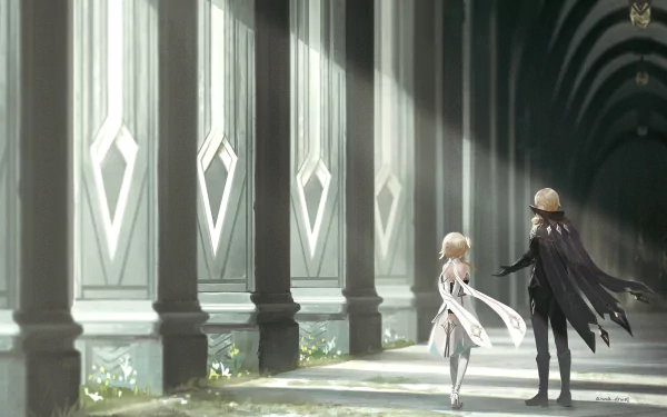 Dainsleif and Lumine from Genshin Impact walk through sunlit pillars in this 4K Ultra HD PC desktop wallpaper and background from the video game.